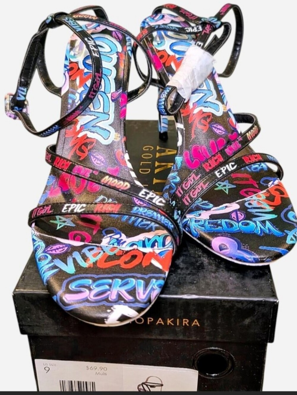 Azalea Wang Graffito Multi Graffiti Print Strappy Stiletto Sandals - Size 9